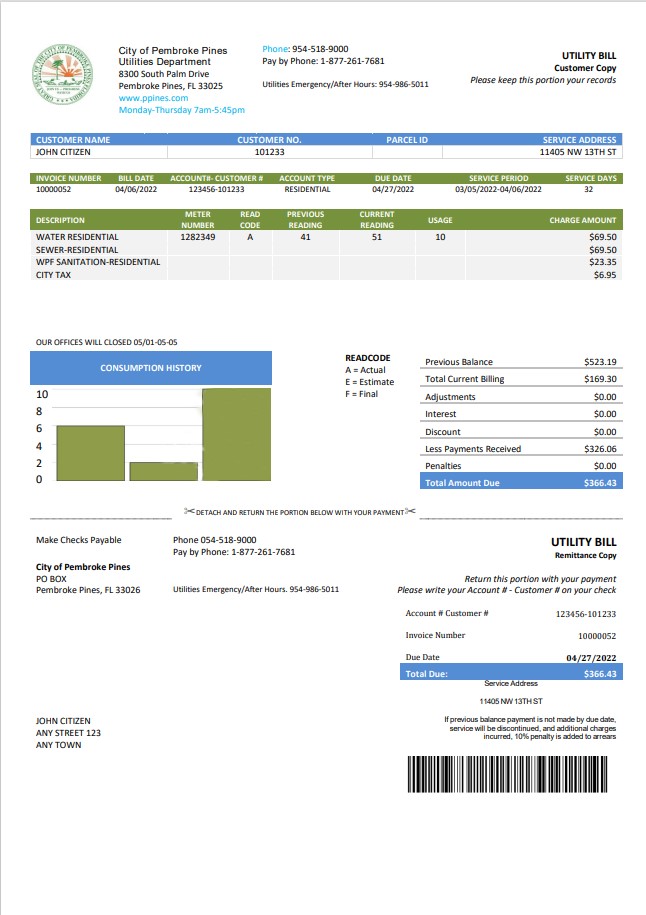 USA Florida City of Pembroke Pines Utilities Department utility bill template in Word and PDF format